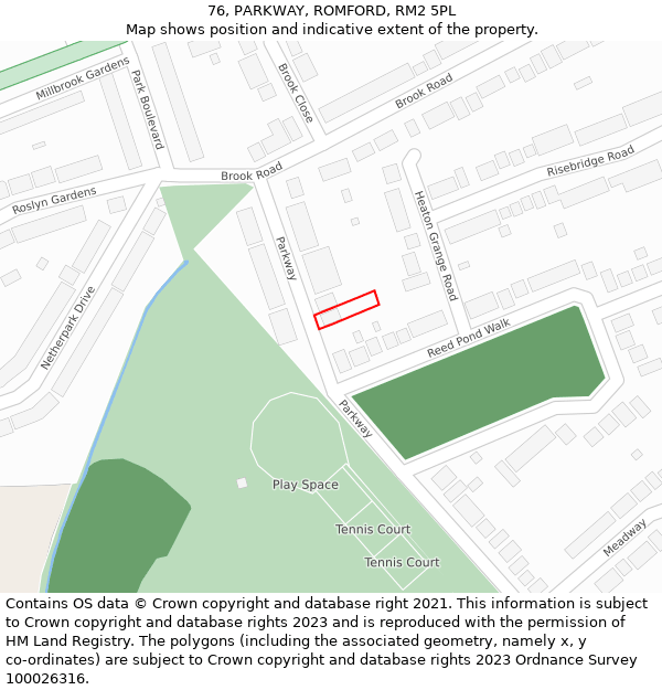 76, PARKWAY, ROMFORD, RM2 5PL: Location map and indicative extent of plot