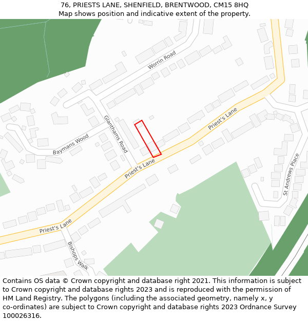 76, PRIESTS LANE, SHENFIELD, BRENTWOOD, CM15 8HQ: Location map and indicative extent of plot
