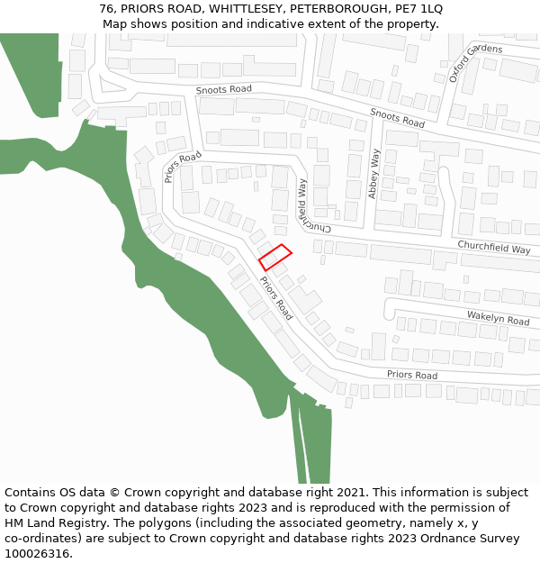 76, PRIORS ROAD, WHITTLESEY, PETERBOROUGH, PE7 1LQ: Location map and indicative extent of plot