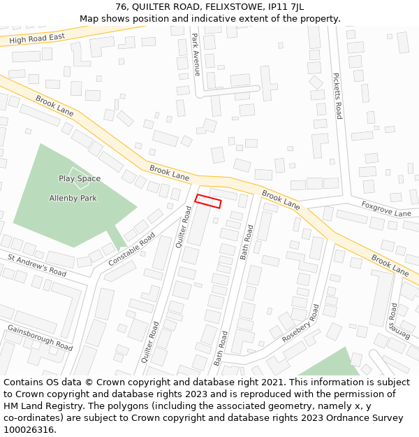 76, QUILTER ROAD, FELIXSTOWE, IP11 7JL: Location map and indicative extent of plot