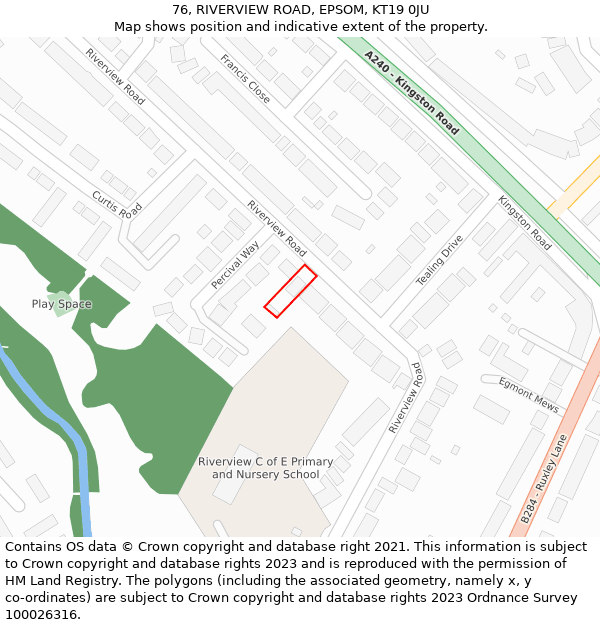 76, RIVERVIEW ROAD, EPSOM, KT19 0JU: Location map and indicative extent of plot