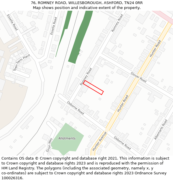 76, ROMNEY ROAD, WILLESBOROUGH, ASHFORD, TN24 0RR: Location map and indicative extent of plot