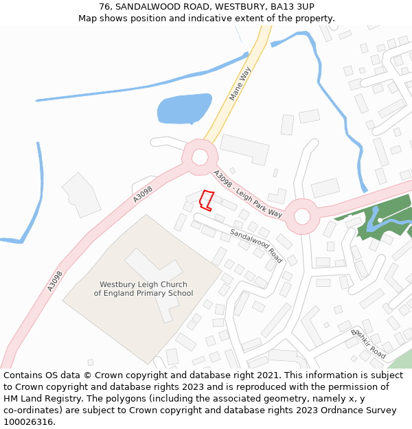 76, SANDALWOOD ROAD, WESTBURY, BA13 3UP: Location map and indicative extent of plot