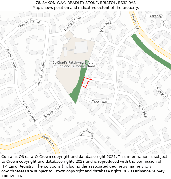 76, SAXON WAY, BRADLEY STOKE, BRISTOL, BS32 9AS: Location map and indicative extent of plot