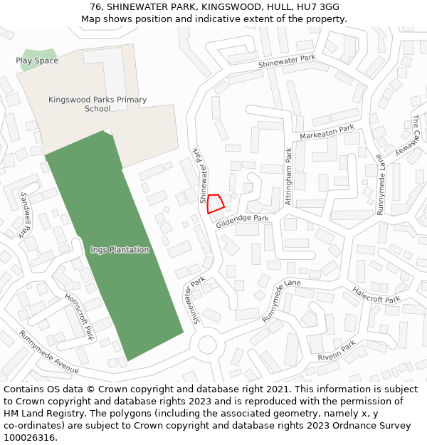 76, SHINEWATER PARK, KINGSWOOD, HULL, HU7 3GG: Location map and indicative extent of plot