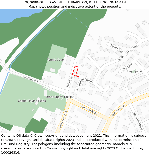 76, SPRINGFIELD AVENUE, THRAPSTON, KETTERING, NN14 4TN: Location map and indicative extent of plot