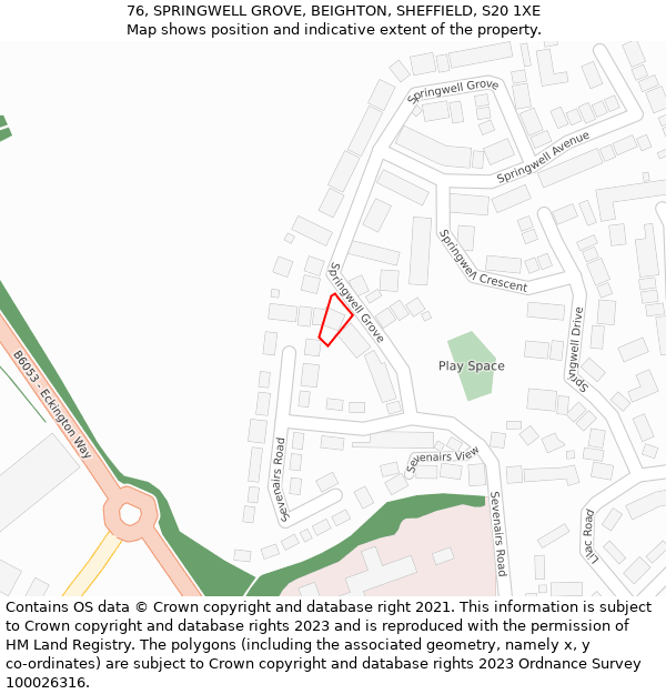 76, SPRINGWELL GROVE, BEIGHTON, SHEFFIELD, S20 1XE: Location map and indicative extent of plot