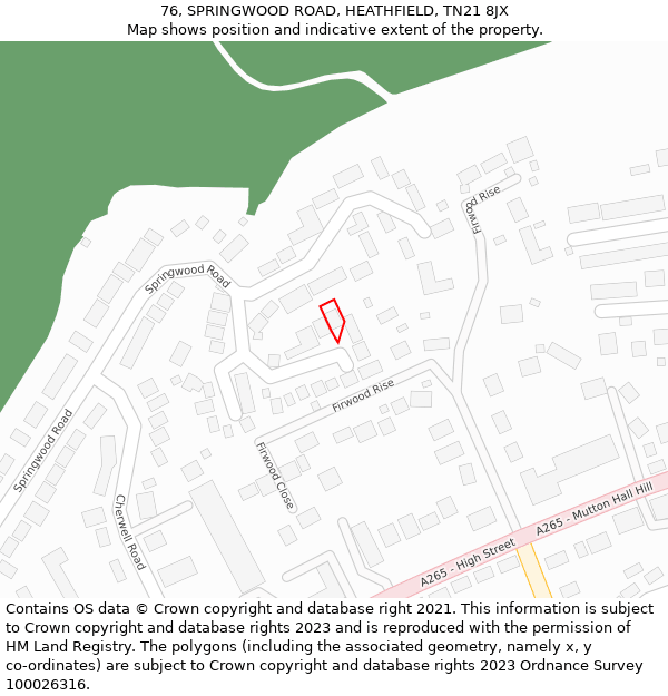 76, SPRINGWOOD ROAD, HEATHFIELD, TN21 8JX: Location map and indicative extent of plot