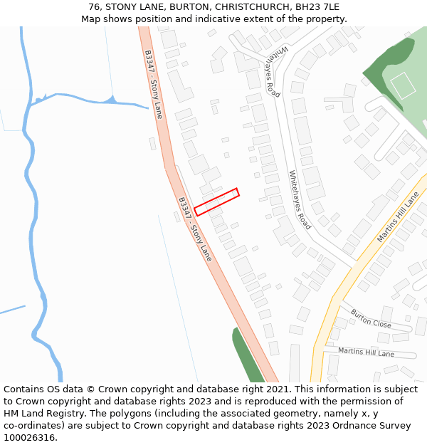 76, STONY LANE, BURTON, CHRISTCHURCH, BH23 7LE: Location map and indicative extent of plot