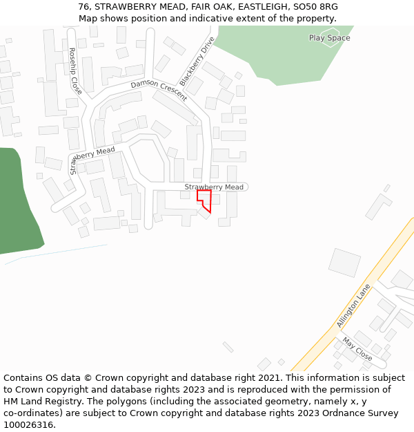 76, STRAWBERRY MEAD, FAIR OAK, EASTLEIGH, SO50 8RG: Location map and indicative extent of plot