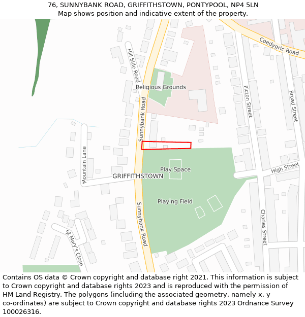 76, SUNNYBANK ROAD, GRIFFITHSTOWN, PONTYPOOL, NP4 5LN: Location map and indicative extent of plot