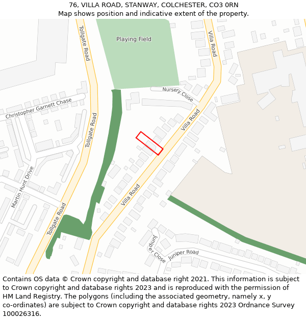 76, VILLA ROAD, STANWAY, COLCHESTER, CO3 0RN: Location map and indicative extent of plot