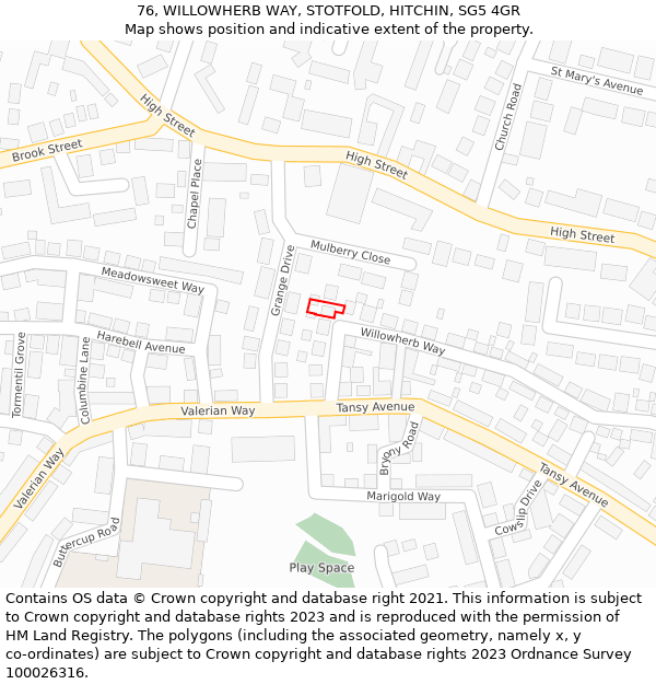 76, WILLOWHERB WAY, STOTFOLD, HITCHIN, SG5 4GR: Location map and indicative extent of plot