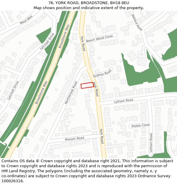 76, YORK ROAD, BROADSTONE, BH18 8EU: Location map and indicative extent of plot
