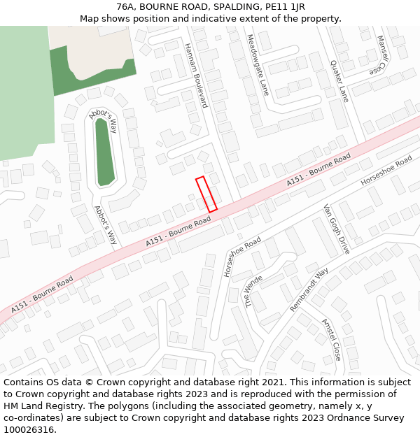 76A, BOURNE ROAD, SPALDING, PE11 1JR: Location map and indicative extent of plot