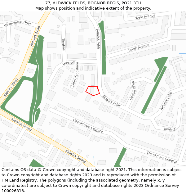 77, ALDWICK FELDS, BOGNOR REGIS, PO21 3TH: Location map and indicative extent of plot