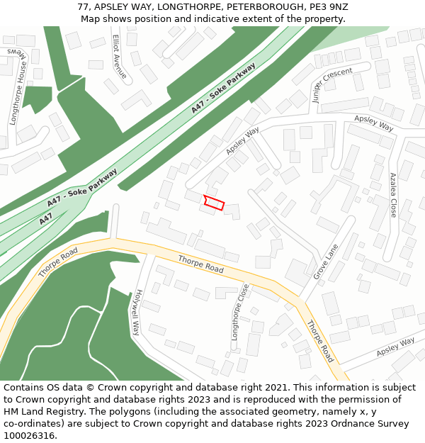 77, APSLEY WAY, LONGTHORPE, PETERBOROUGH, PE3 9NZ: Location map and indicative extent of plot