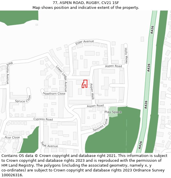 77, ASPEN ROAD, RUGBY, CV21 1SF: Location map and indicative extent of plot