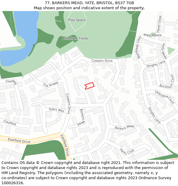 77, BARKERS MEAD, YATE, BRISTOL, BS37 7GB: Location map and indicative extent of plot