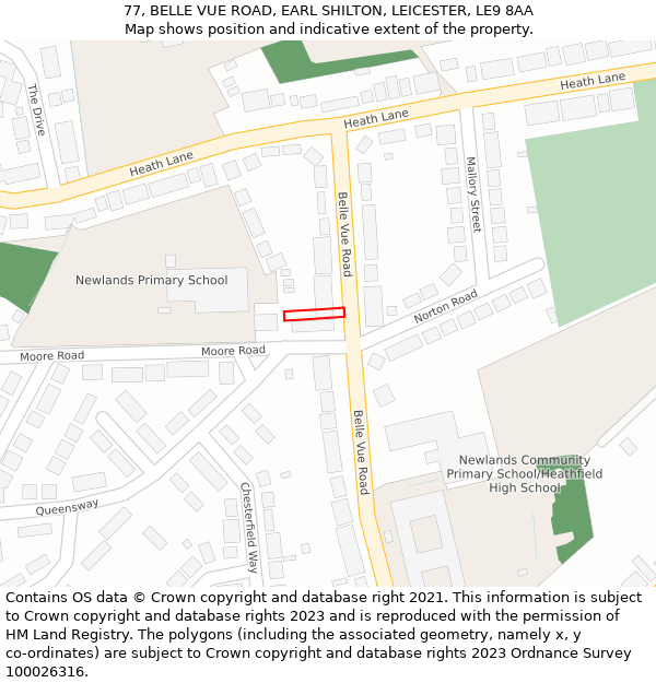 77, BELLE VUE ROAD, EARL SHILTON, LEICESTER, LE9 8AA: Location map and indicative extent of plot