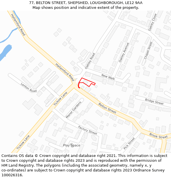 77, BELTON STREET, SHEPSHED, LOUGHBOROUGH, LE12 9AA: Location map and indicative extent of plot