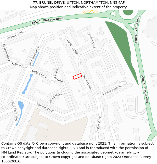 77, BRUNEL DRIVE, UPTON, NORTHAMPTON, NN5 4AF: Location map and indicative extent of plot