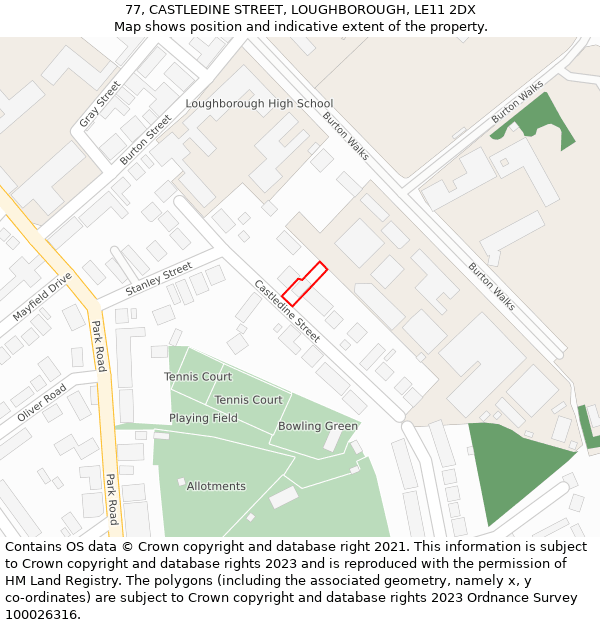 77, CASTLEDINE STREET, LOUGHBOROUGH, LE11 2DX: Location map and indicative extent of plot