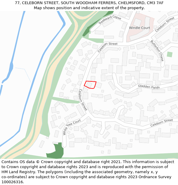 77, CELEBORN STREET, SOUTH WOODHAM FERRERS, CHELMSFORD, CM3 7AF: Location map and indicative extent of plot