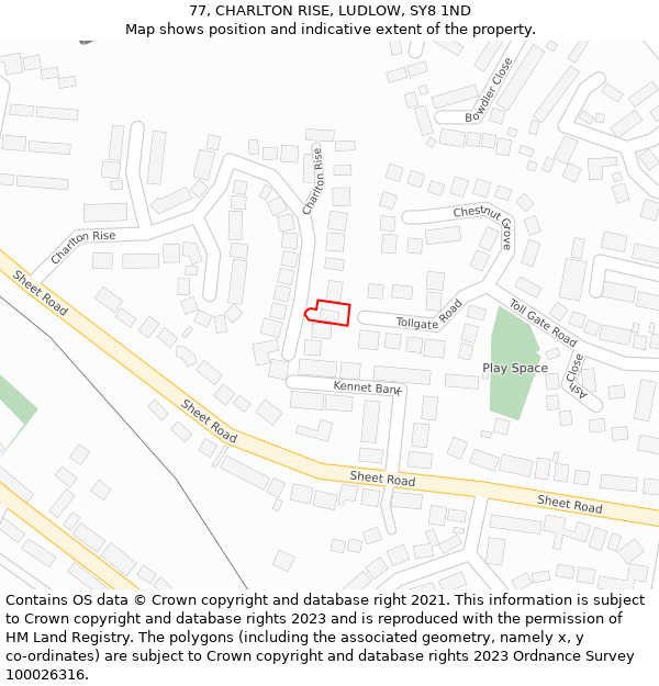 77, CHARLTON RISE, LUDLOW, SY8 1ND: Location map and indicative extent of plot