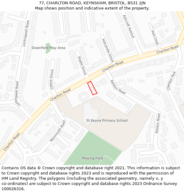 77, CHARLTON ROAD, KEYNSHAM, BRISTOL, BS31 2JN: Location map and indicative extent of plot