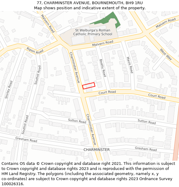 77, CHARMINSTER AVENUE, BOURNEMOUTH, BH9 1RU: Location map and indicative extent of plot