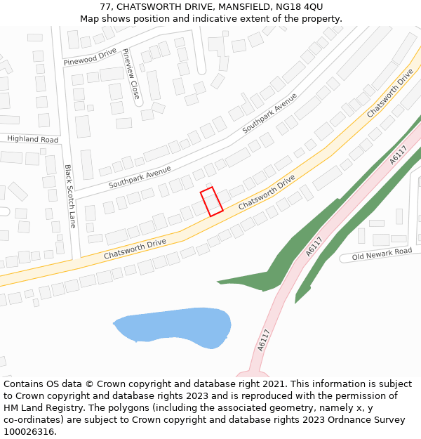 77, CHATSWORTH DRIVE, MANSFIELD, NG18 4QU: Location map and indicative extent of plot