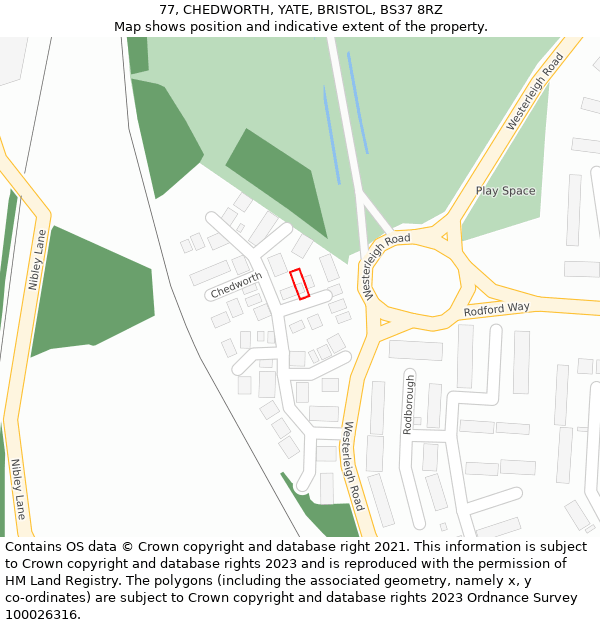 77, CHEDWORTH, YATE, BRISTOL, BS37 8RZ: Location map and indicative extent of plot