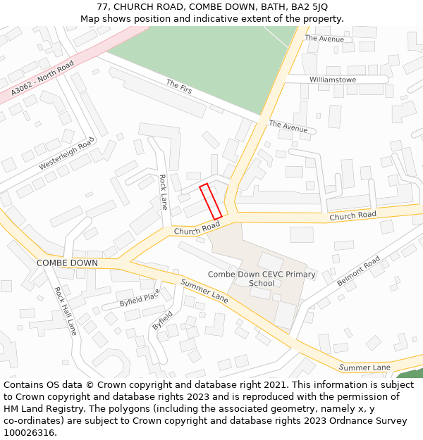 77, CHURCH ROAD, COMBE DOWN, BATH, BA2 5JQ: Location map and indicative extent of plot