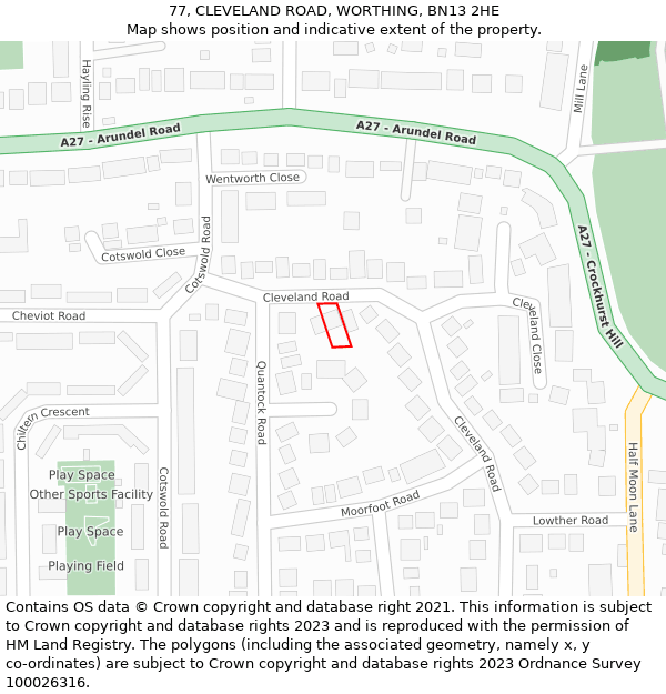 77, CLEVELAND ROAD, WORTHING, BN13 2HE: Location map and indicative extent of plot