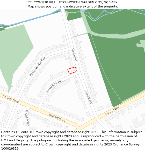 77, COWSLIP HILL, LETCHWORTH GARDEN CITY, SG6 4EX: Location map and indicative extent of plot