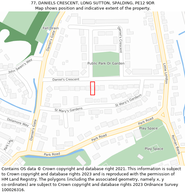 77, DANIELS CRESCENT, LONG SUTTON, SPALDING, PE12 9DR: Location map and indicative extent of plot