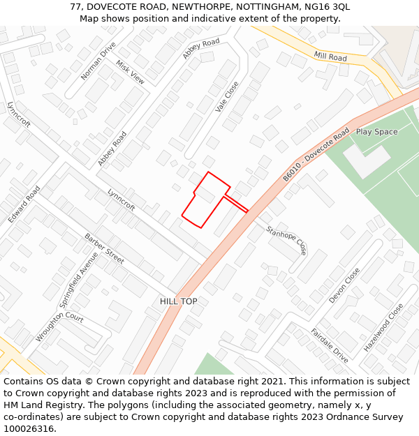 77, DOVECOTE ROAD, NEWTHORPE, NOTTINGHAM, NG16 3QL: Location map and indicative extent of plot