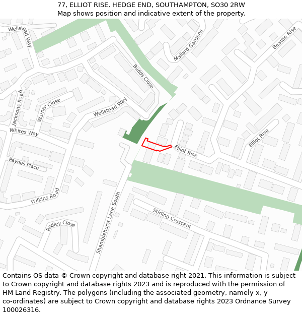 77, ELLIOT RISE, HEDGE END, SOUTHAMPTON, SO30 2RW: Location map and indicative extent of plot