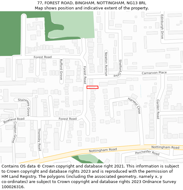 77, FOREST ROAD, BINGHAM, NOTTINGHAM, NG13 8RL: Location map and indicative extent of plot
