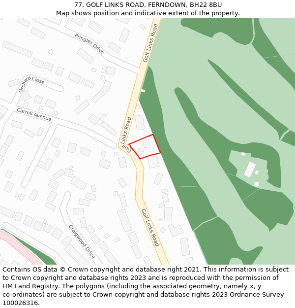 77, GOLF LINKS ROAD, FERNDOWN, BH22 8BU: Location map and indicative extent of plot