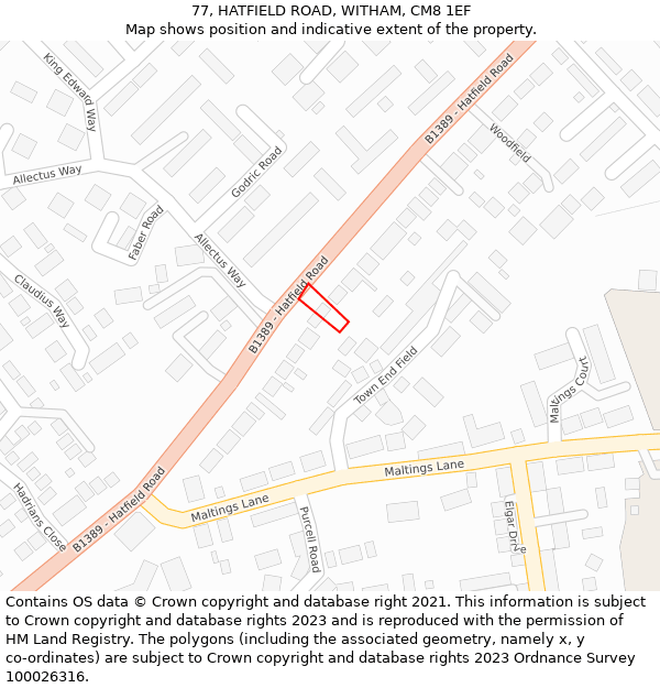 77, HATFIELD ROAD, WITHAM, CM8 1EF: Location map and indicative extent of plot