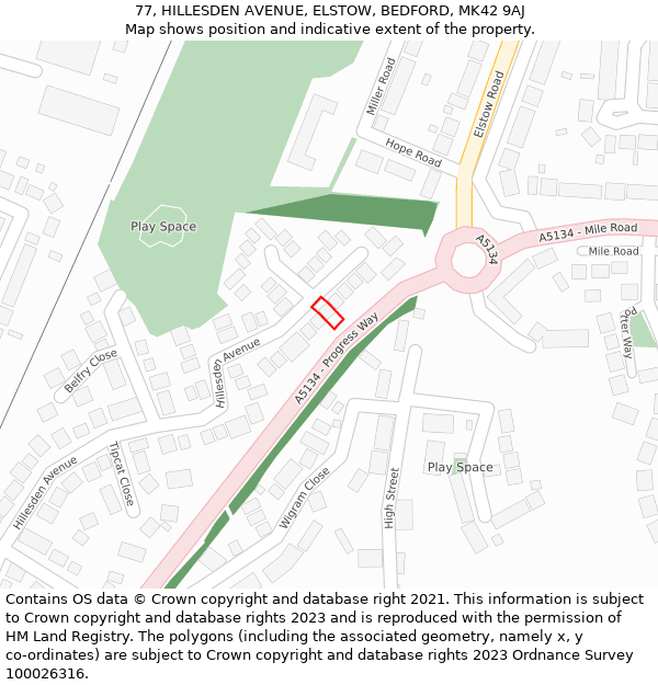 77, HILLESDEN AVENUE, ELSTOW, BEDFORD, MK42 9AJ: Location map and indicative extent of plot