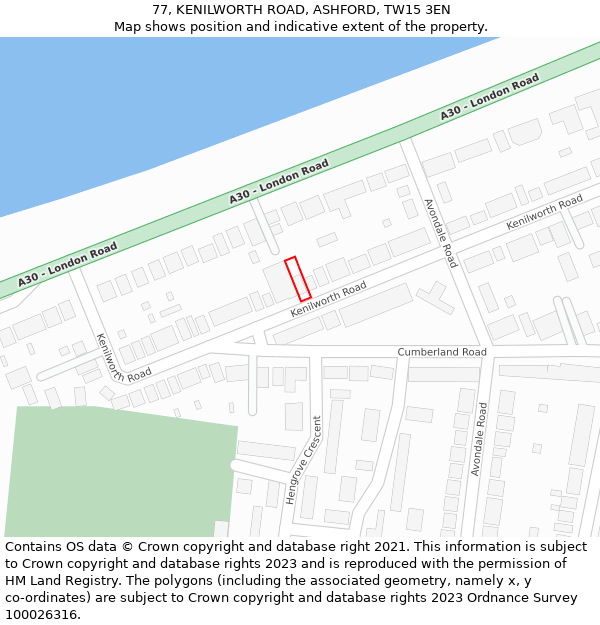 77, KENILWORTH ROAD, ASHFORD, TW15 3EN: Location map and indicative extent of plot