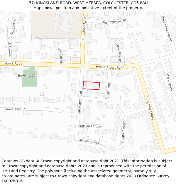 77, KINGSLAND ROAD, WEST MERSEA, COLCHESTER, CO5 8AH: Location map and indicative extent of plot