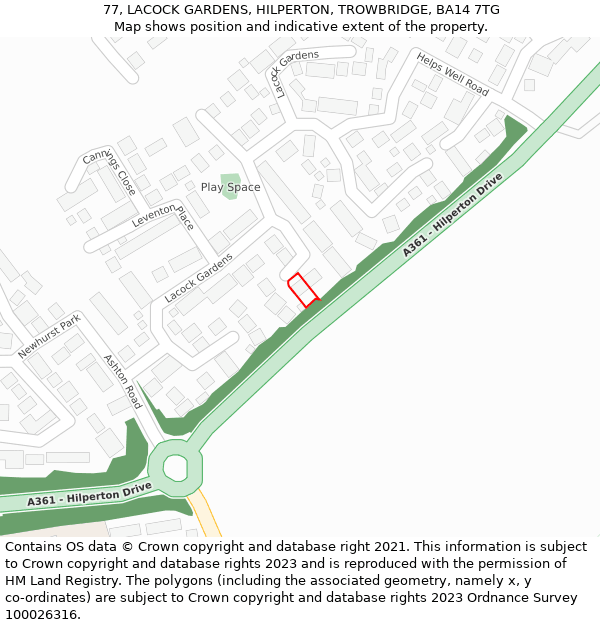 77, LACOCK GARDENS, HILPERTON, TROWBRIDGE, BA14 7TG: Location map and indicative extent of plot