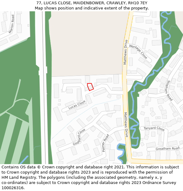 77, LUCAS CLOSE, MAIDENBOWER, CRAWLEY, RH10 7EY: Location map and indicative extent of plot