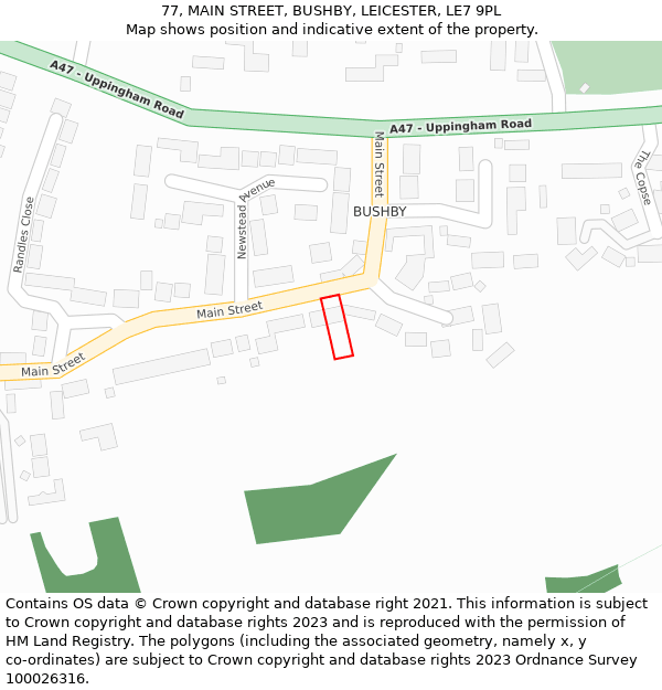 77, MAIN STREET, BUSHBY, LEICESTER, LE7 9PL: Location map and indicative extent of plot