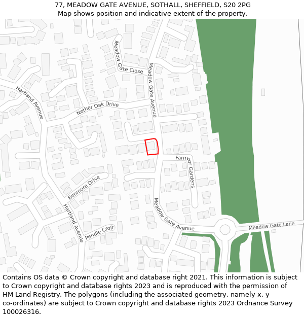 77, MEADOW GATE AVENUE, SOTHALL, SHEFFIELD, S20 2PG: Location map and indicative extent of plot