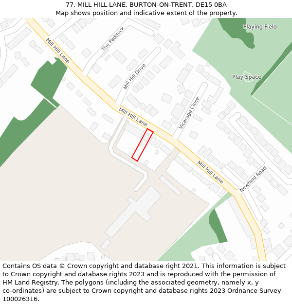 77, MILL HILL LANE, BURTON-ON-TRENT, DE15 0BA: Location map and indicative extent of plot